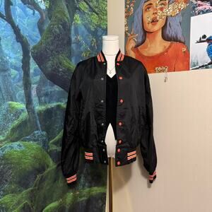 vintage viking cheerleader varsity bomber jacket black orange medium